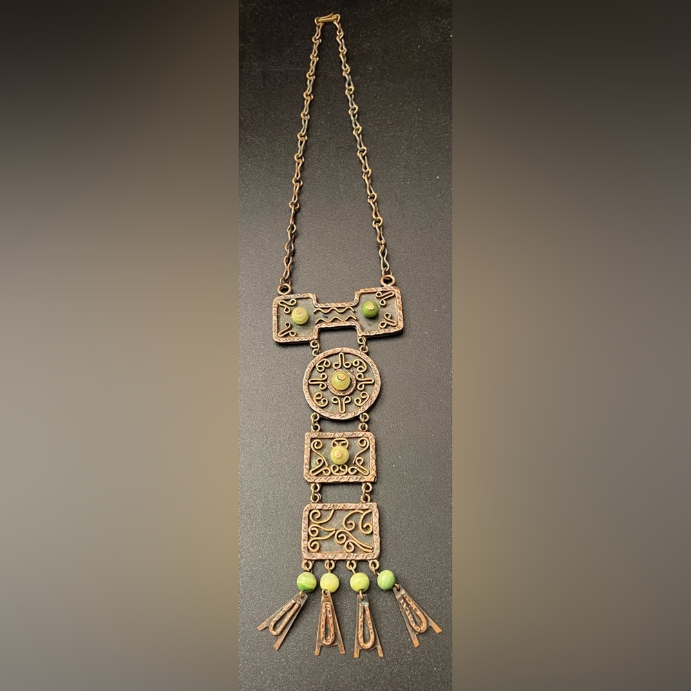 Vintage 1960's Casa Maya Copper Brass Green Onyx Brutalist Nava Mexico Necklace